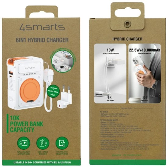 4Smarts Hybrid Charger 6-in-1 Power Bank 10000mAh 22.5W με Θύρα USB-A και Θύρα USB-C Power Delivery / Quick Charge 3.0 Λευκό